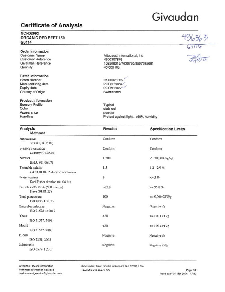 Organic Beet Root Certificate of Analysis