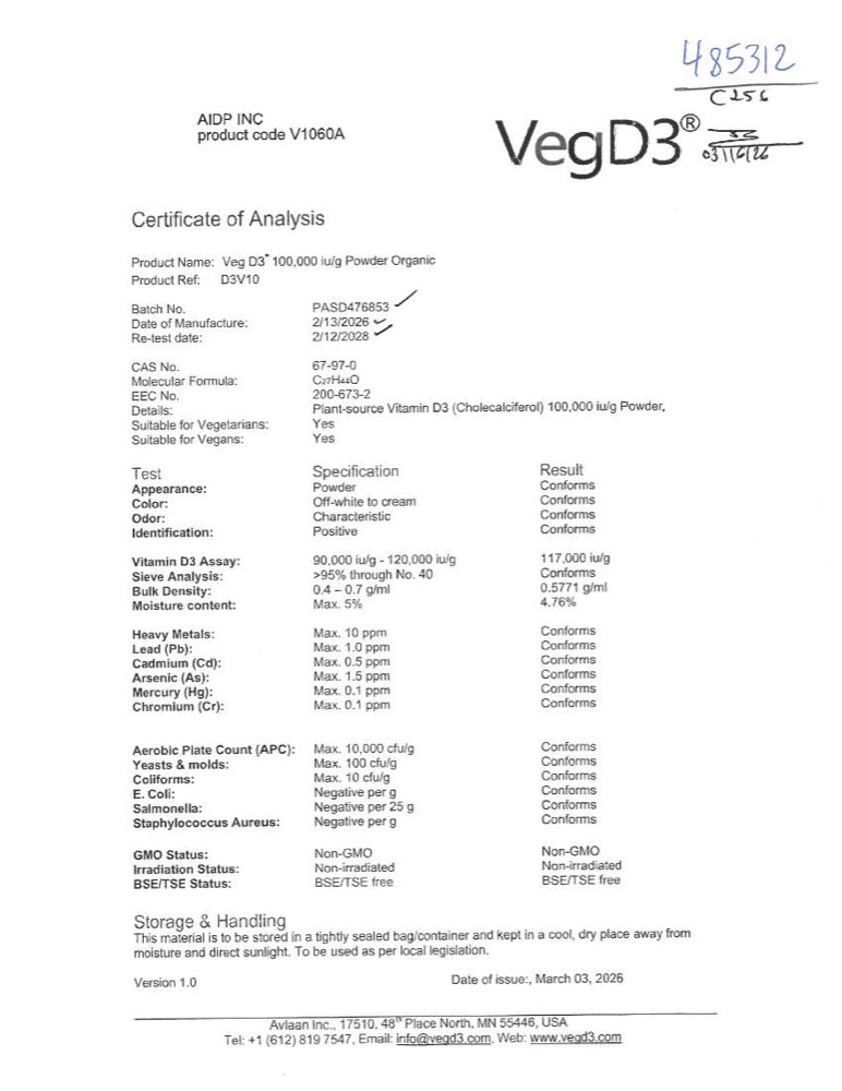 VegD3 Vitamin D3 Certificate of Analysis