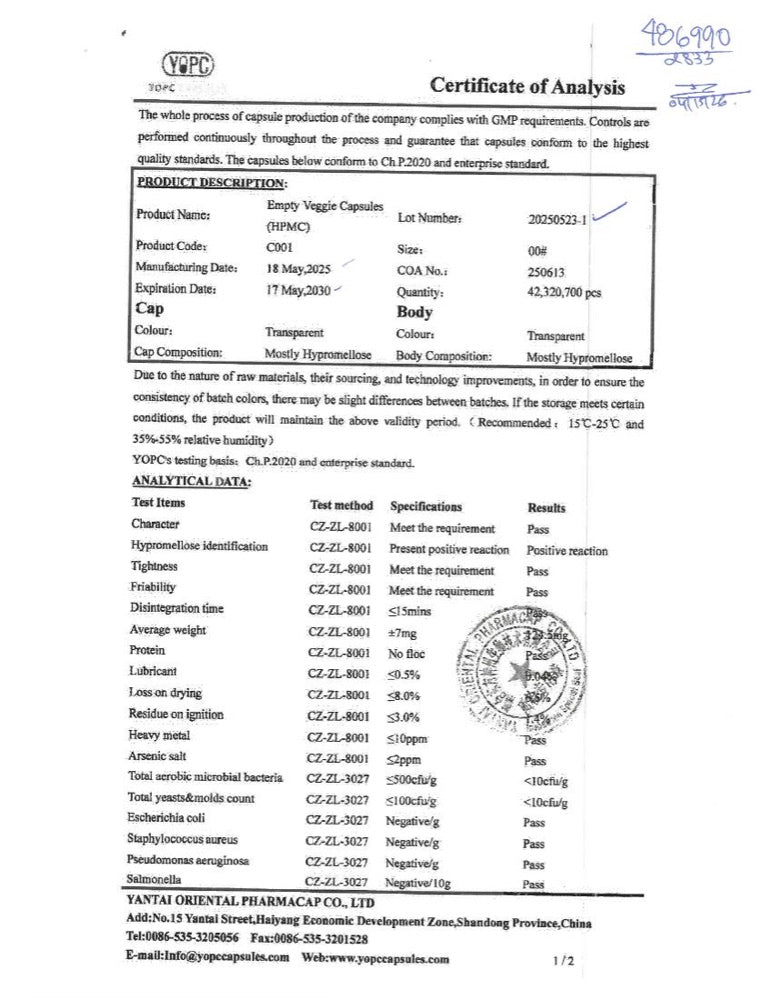 Plant-Based Capsule Certificate of Analysis